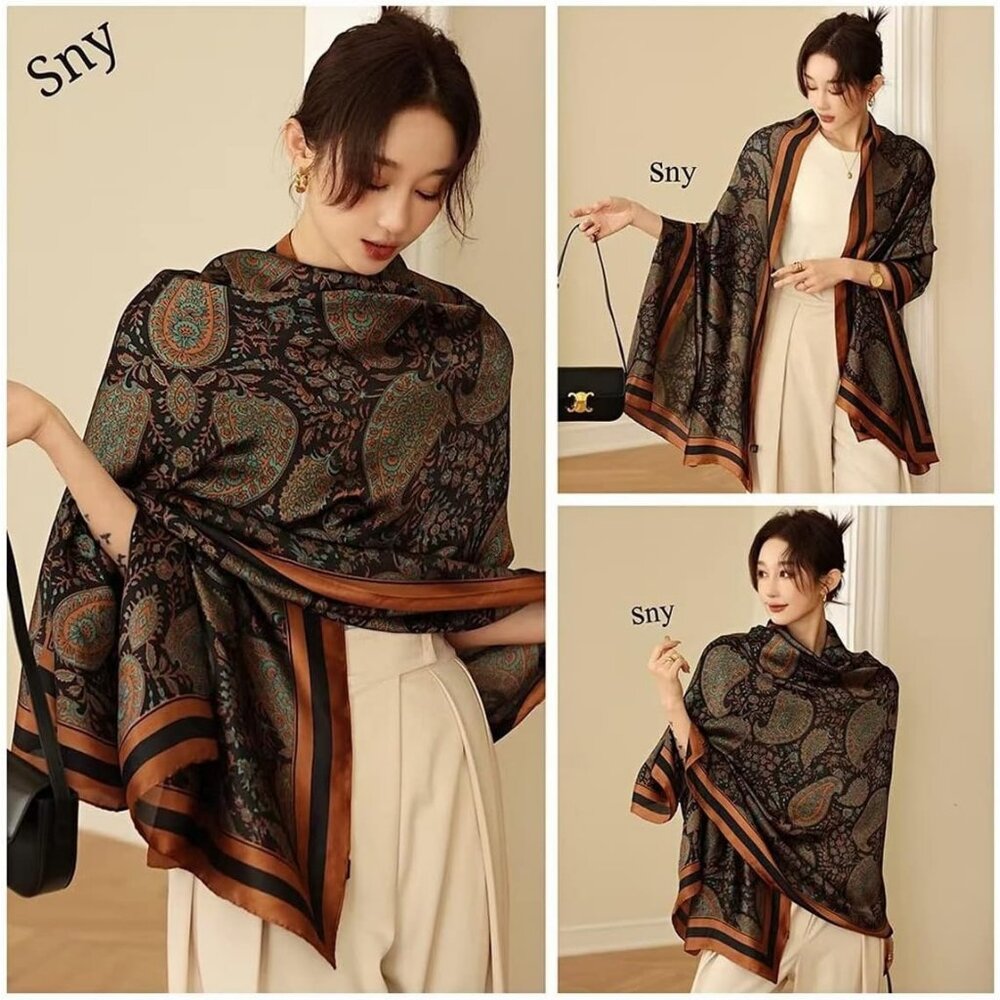 Women Brown -Fashion Flowers Print Scarves Winter Head Shawl Cotton Wrap - Picture 2 of 5